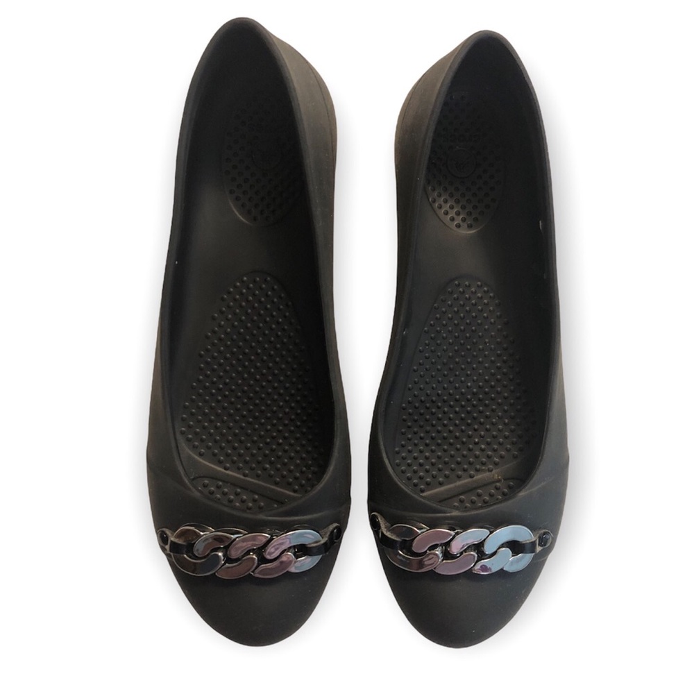 Crocs. Black flats with embellished toes. Size 8.